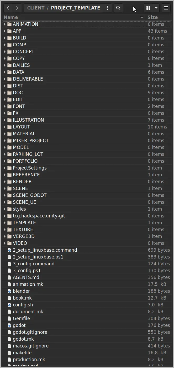 A screenshot of my project template folder. There are about 30 folders visible along with several files.